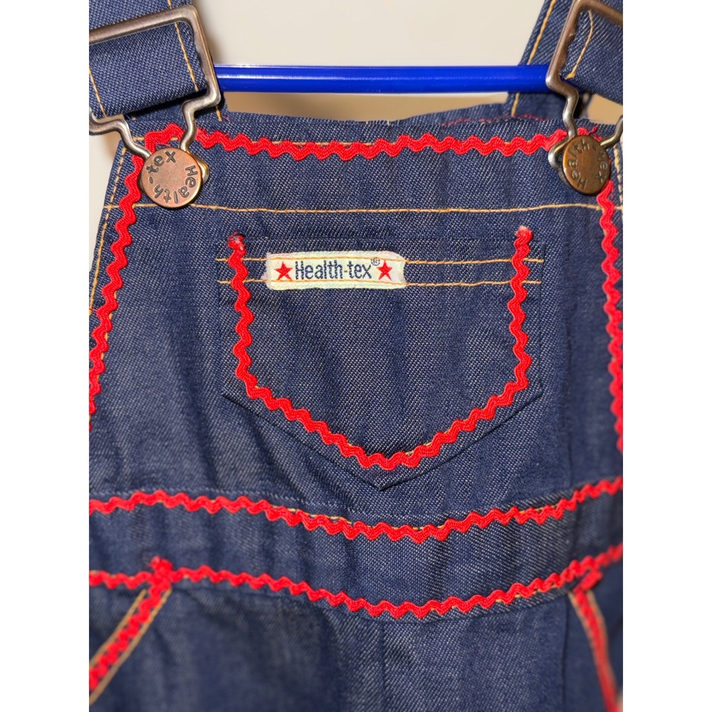 Vintage Health-tex Toddler Denim Overalls Red Rickrack Trim Dark Wash 18 Months - Picture 2 of 3